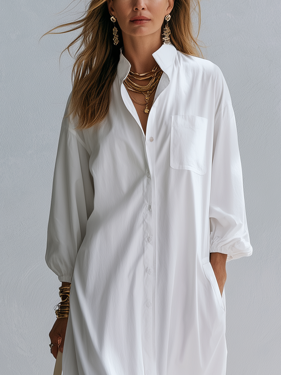 Resort Style White Cotton Ruffled Long Shirt Dress