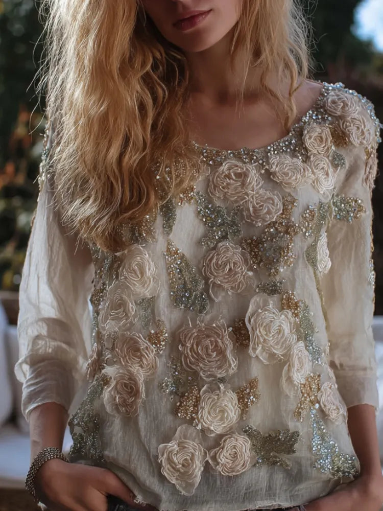 Ladies' Three-dimensional Flower Vintage Round-neck Long-sleeved Top