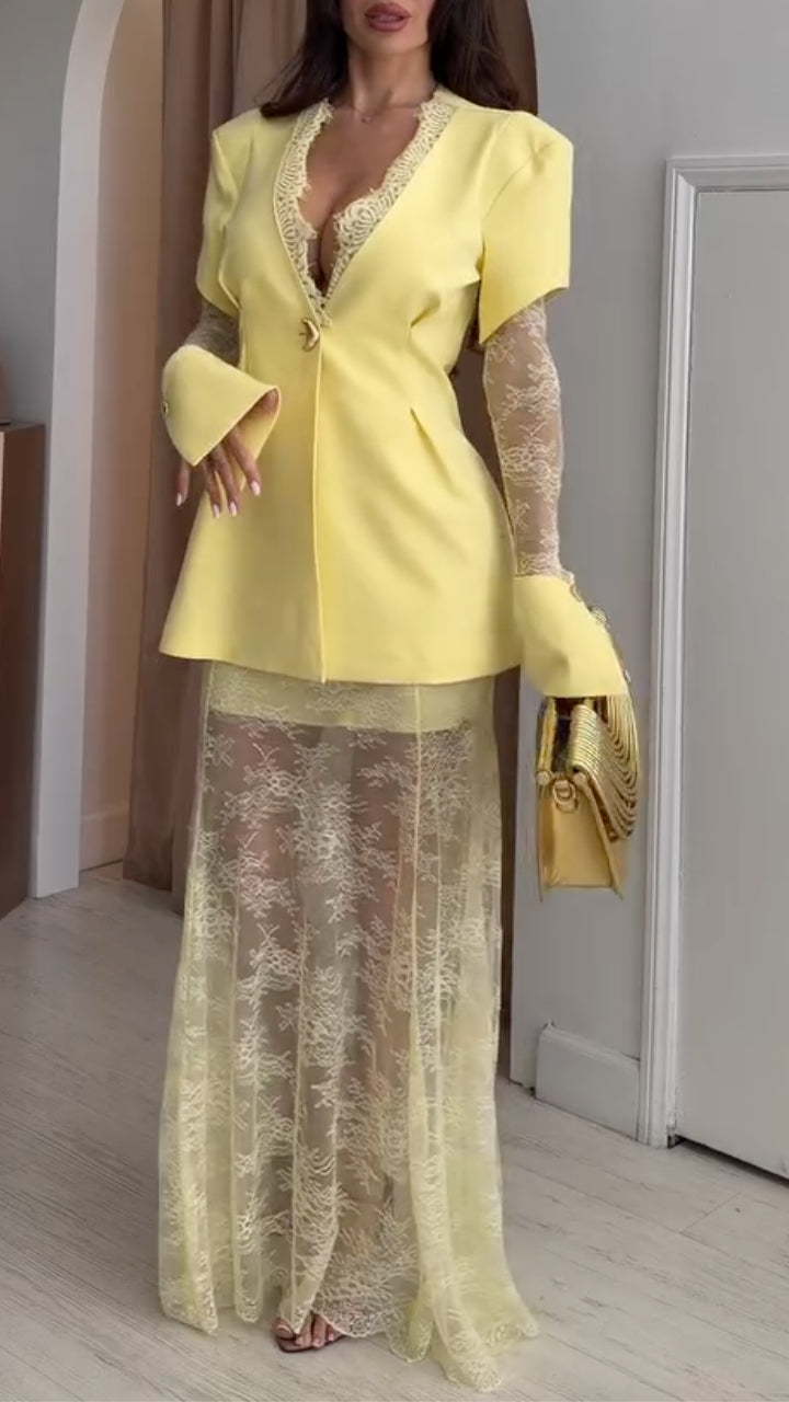 Lace‑Insert Blazer & Sheer Lace Maxi Skirt Co‑Ord Set