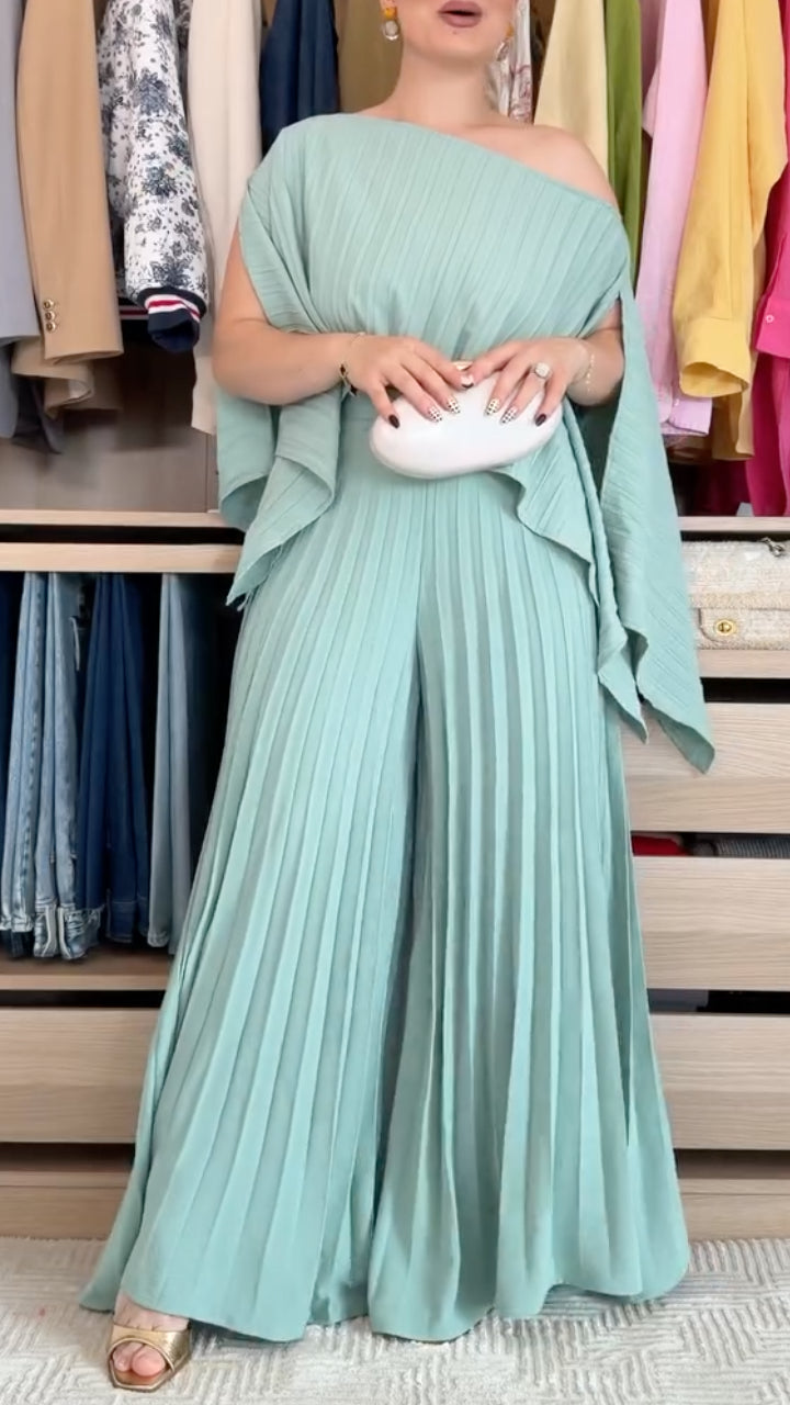 Pleated Cape Sleeve Top Wide Leg Pants Set