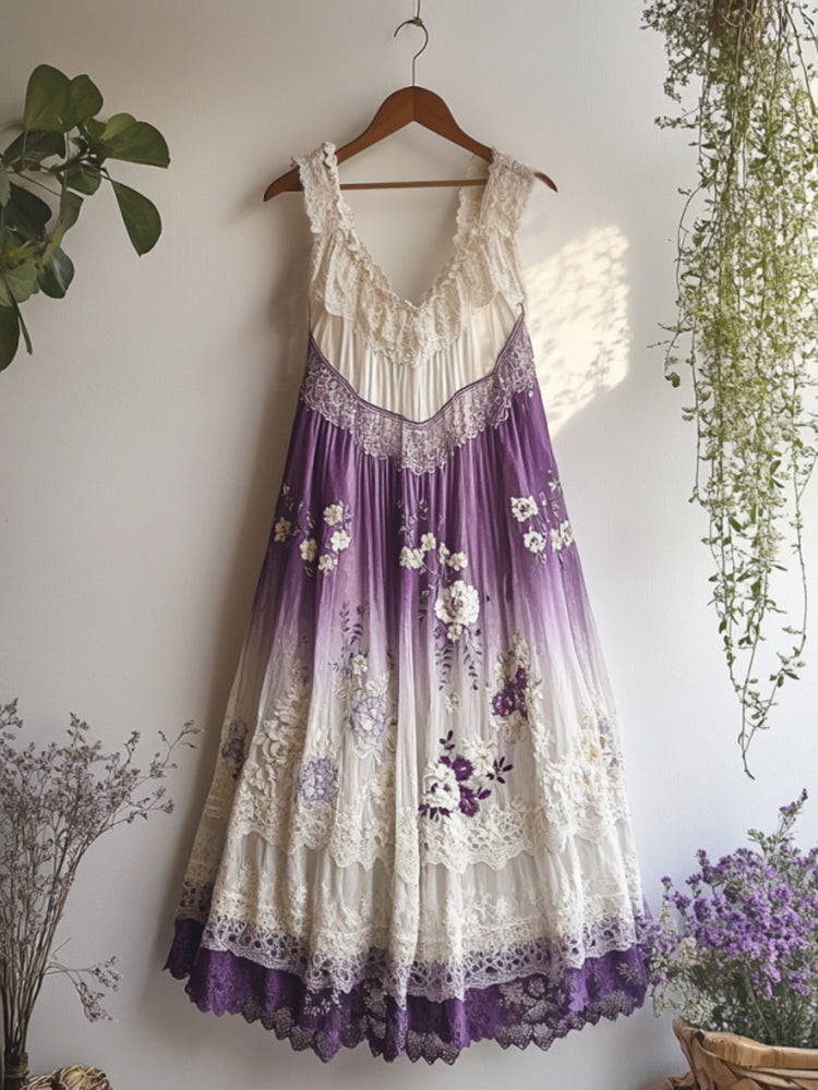 Boho Gradient Lavender Embroidered Pattern Lace Linen Dress