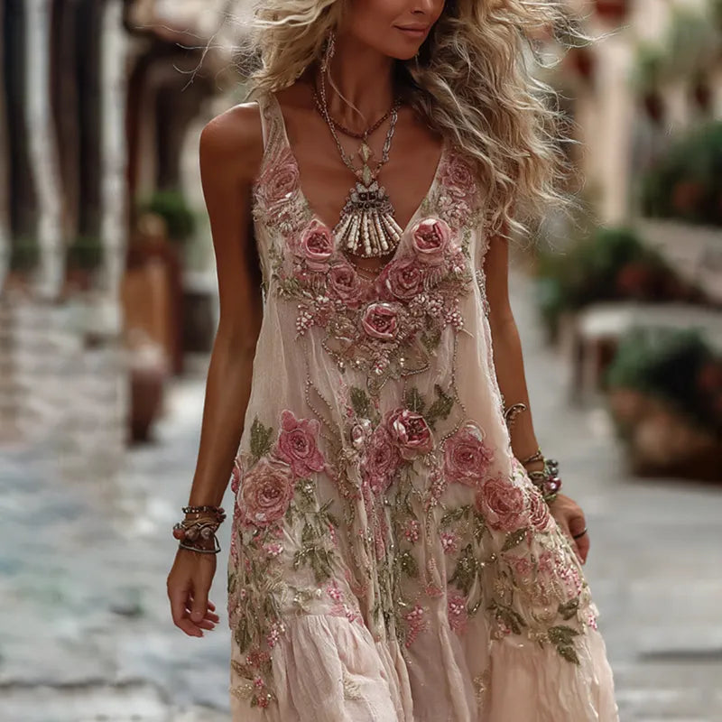 Women's Vintage Rose Embroidery Art Comfy Linen Tank Dress