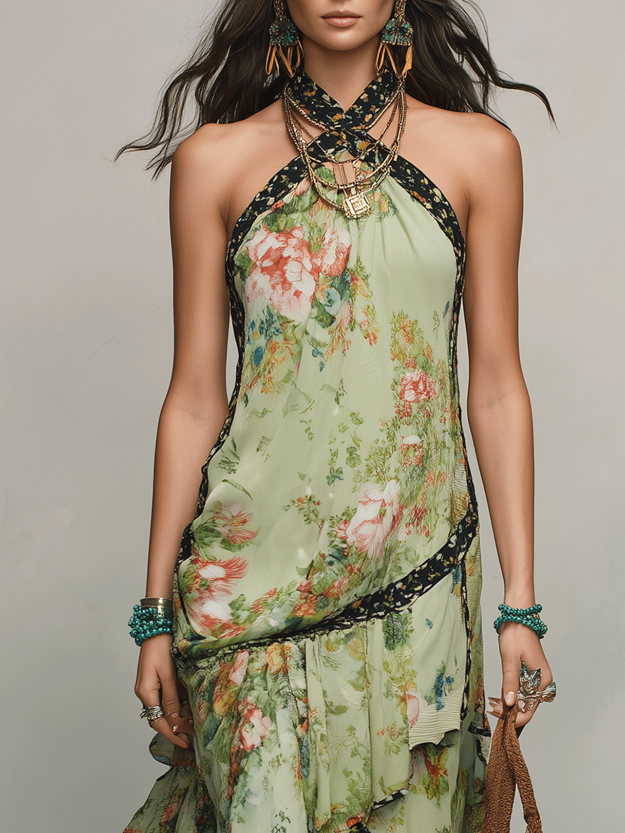 Bohemian Resort Sage Green Floral Halter Ruffle Midi Dress
