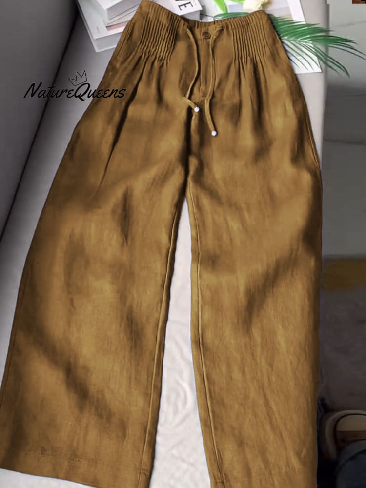 ?Limited time promotion Women's Solid Color Pleated Drawstring Casual Cotton and Linen Wide Leg Pants
