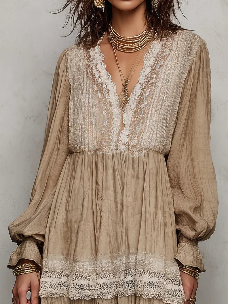 Romantic Sand Lace Trim Tiered Maxi Dress