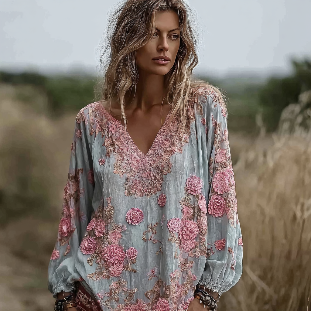 Bohemian Retro Countryside Style Plant Flower Design Cotton And Linen Women's Long-sleeve Shirt