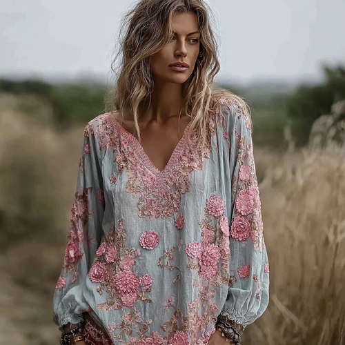 Bohemian Retro Countryside Style Plant Flower Design Cotton And Linen Women's Long-sleeve Shirt