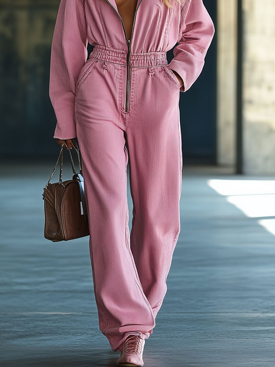 [24-hour shipping]Casual Loose Retro Solid Color Corduroy Zipper Hooded Jumpsuit