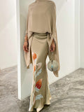 Floral Printed Split-Joint Batwing Sleeves Loose High Neck Two Pieces Set Skirt Set