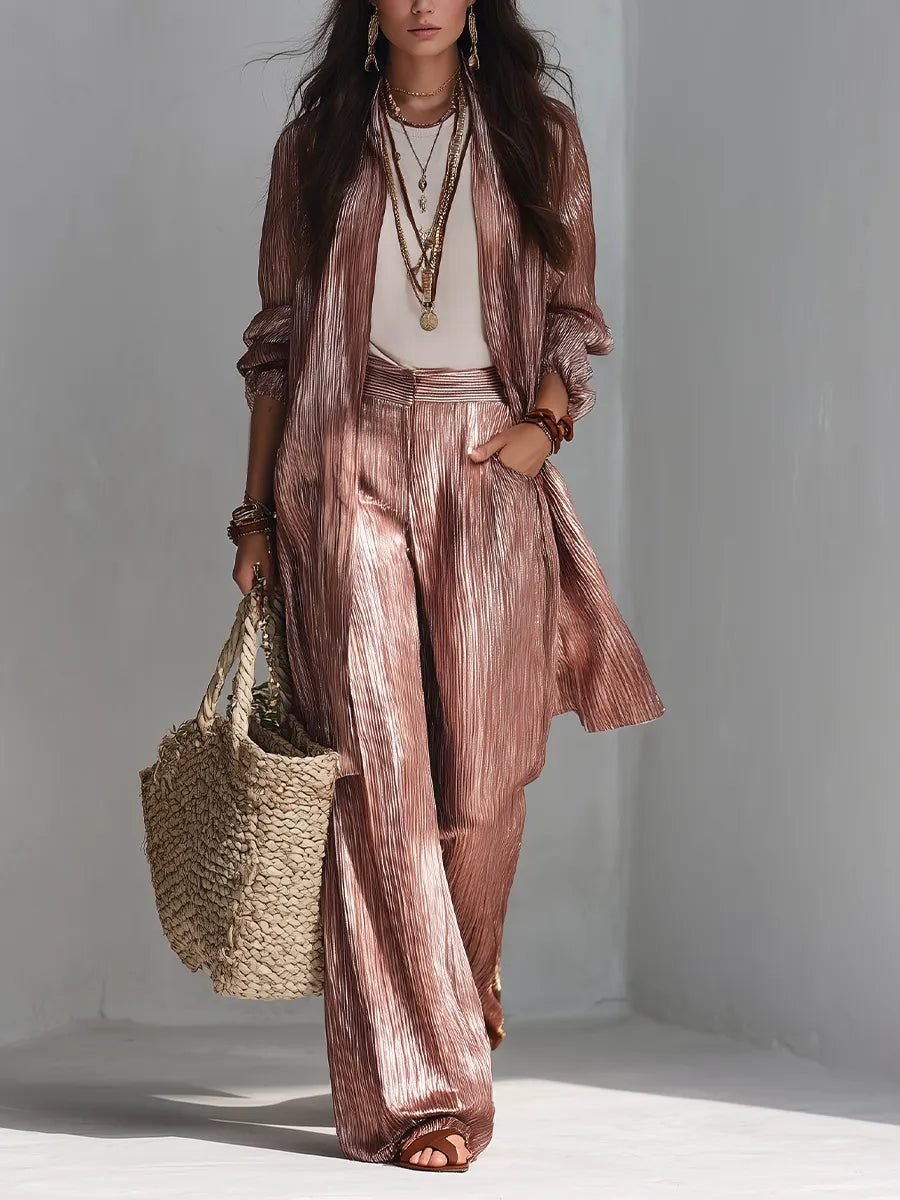 Slimming Metallic Pleated Long Cardigan Palazzo Pants Outfit Set