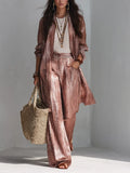 Slimming Metallic Pleated Long Cardigan Palazzo Pants Outfit Set