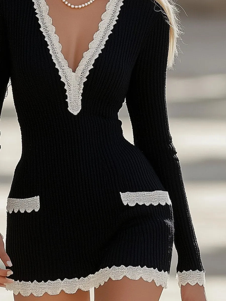 [24-hour shipping out]Elegant and Simple Stitching Lace Edge Black Knitted Mini Dress