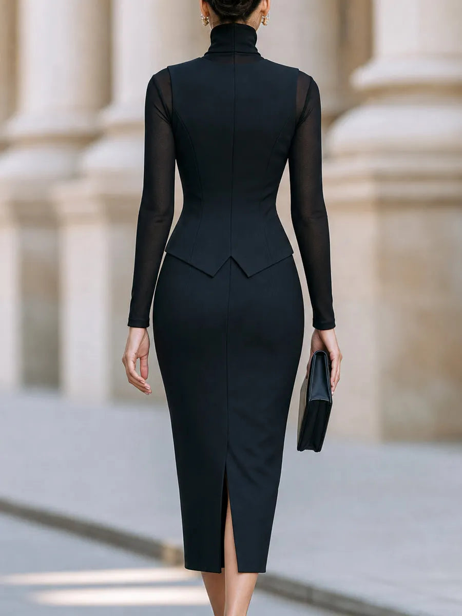 Mesh Top Tailored Vest And Pencil Skirt Three-Piece Set