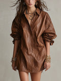 Bohemian Brown Faux Leather Mini Shirt Dress