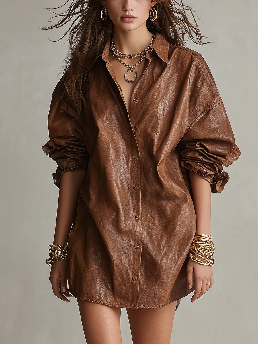 Bohemian Brown Faux Leather Mini Shirt Dress