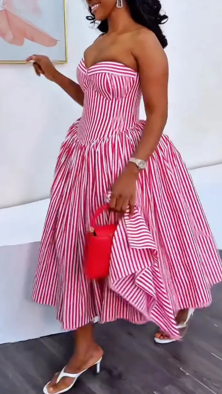 Stripe Corset Fit‑and‑Flare Midi Dress