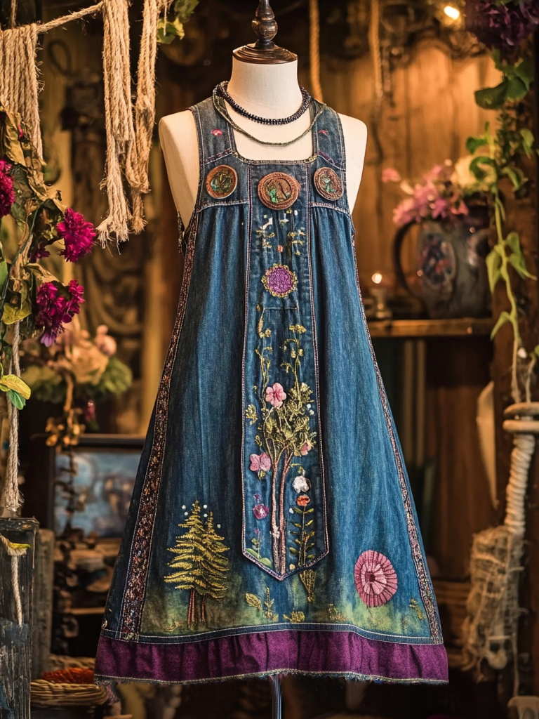 Women's Denim Forest Tree Art Patch Sleeveless Dress