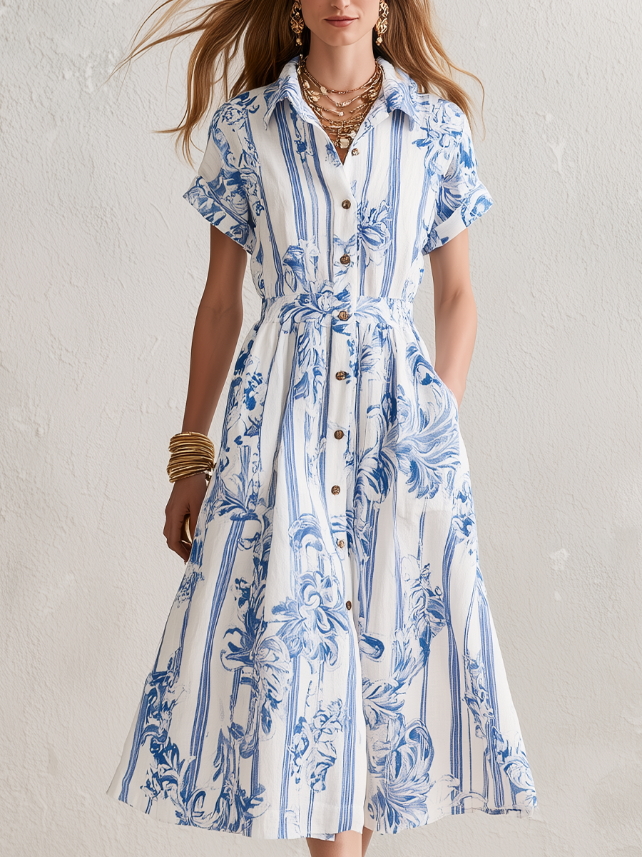 Vintage White Blue Floral Stripe Shirt Midi Dress