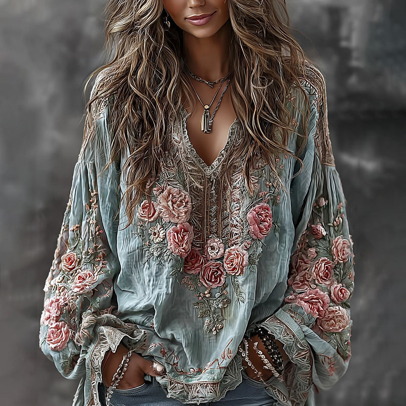 Women's Retro Floral Embroidered Art Print Flowy Linen Blend Casual Tops