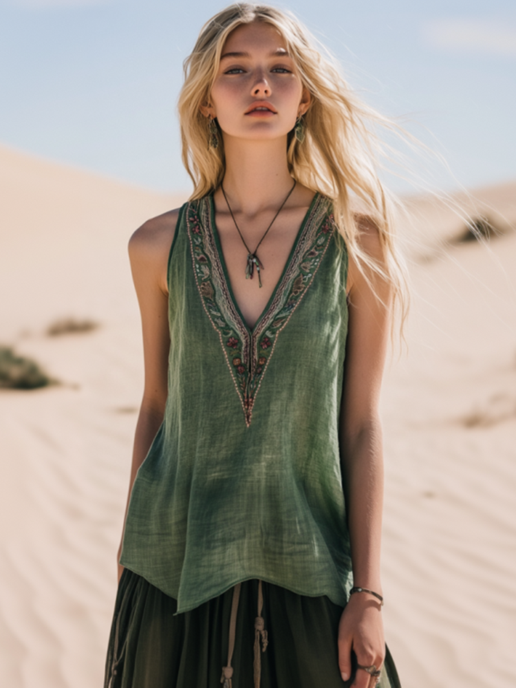 Women's Bohemia Ethnic Style Linen V-neek Sleeveless Top