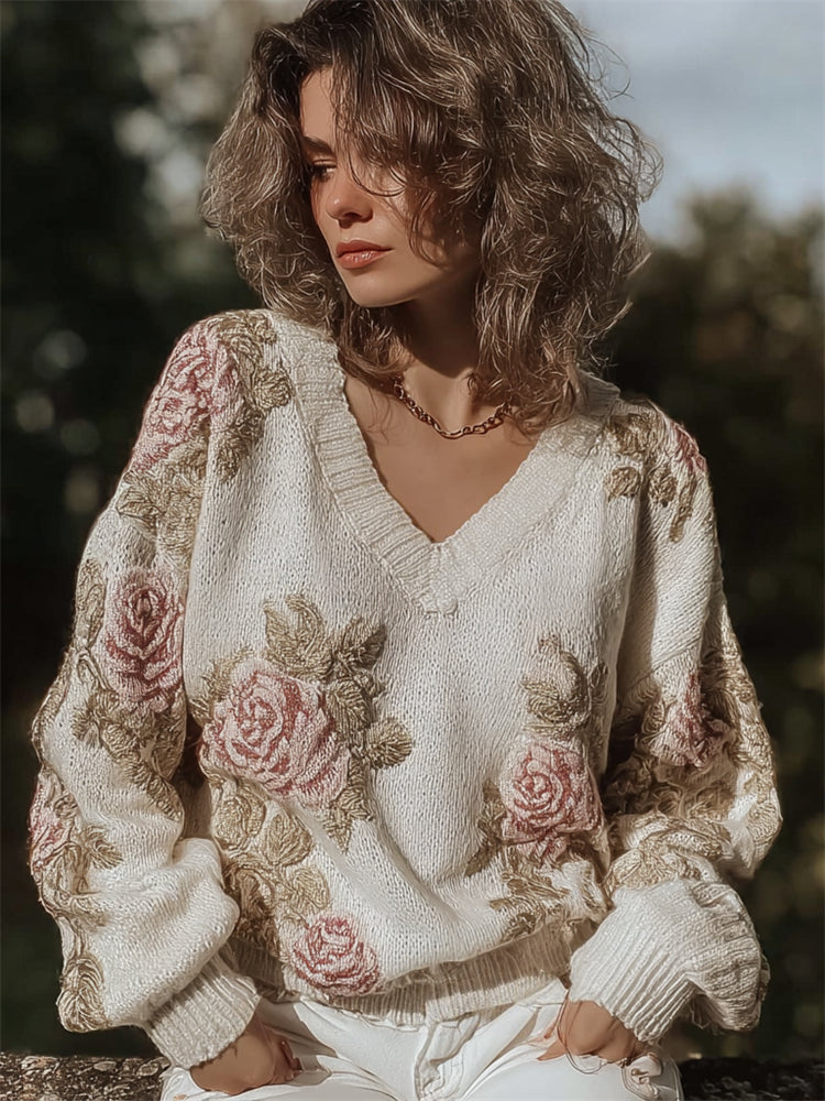 Classy Vintage Roses Glitter V Neck Cozy Knit Sweater