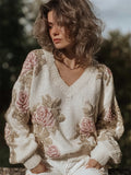Classy Vintage Roses Glitter V Neck Cozy Knit Sweater