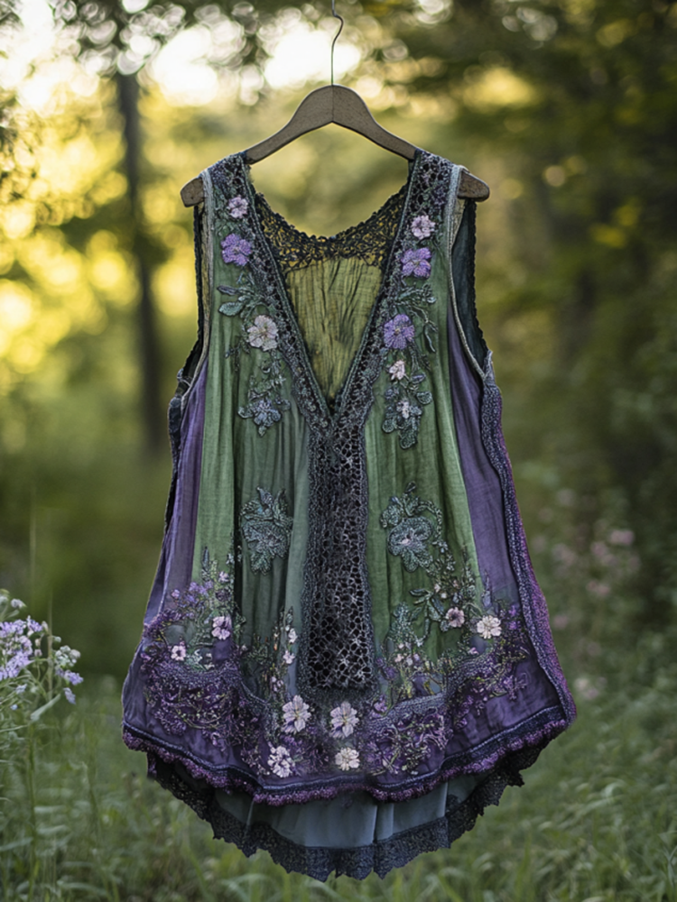 Boho Lavender Lace Art Linen Lace Patchwork Art  Sleeveless Tank Top