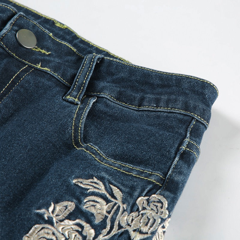 Vintage Bohemian Rose Embroidered Washed Flared Jeans