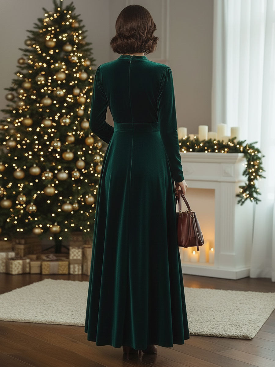 [24-hour shipping out]Stand Collar Loose Party Pocket Solid Velvet Long Sleeve Maxi Dress
