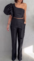 One Shoulder Puff Sleeve Crop Top &  Straight Pants Two Piece Set
