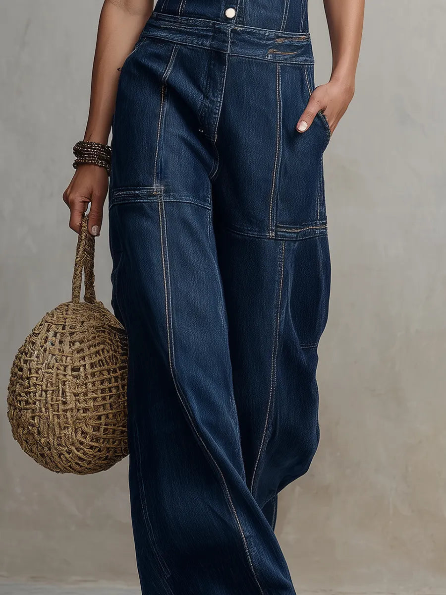Modern Bohemian Collared Wide Leg Denim Overall Jumpsuit