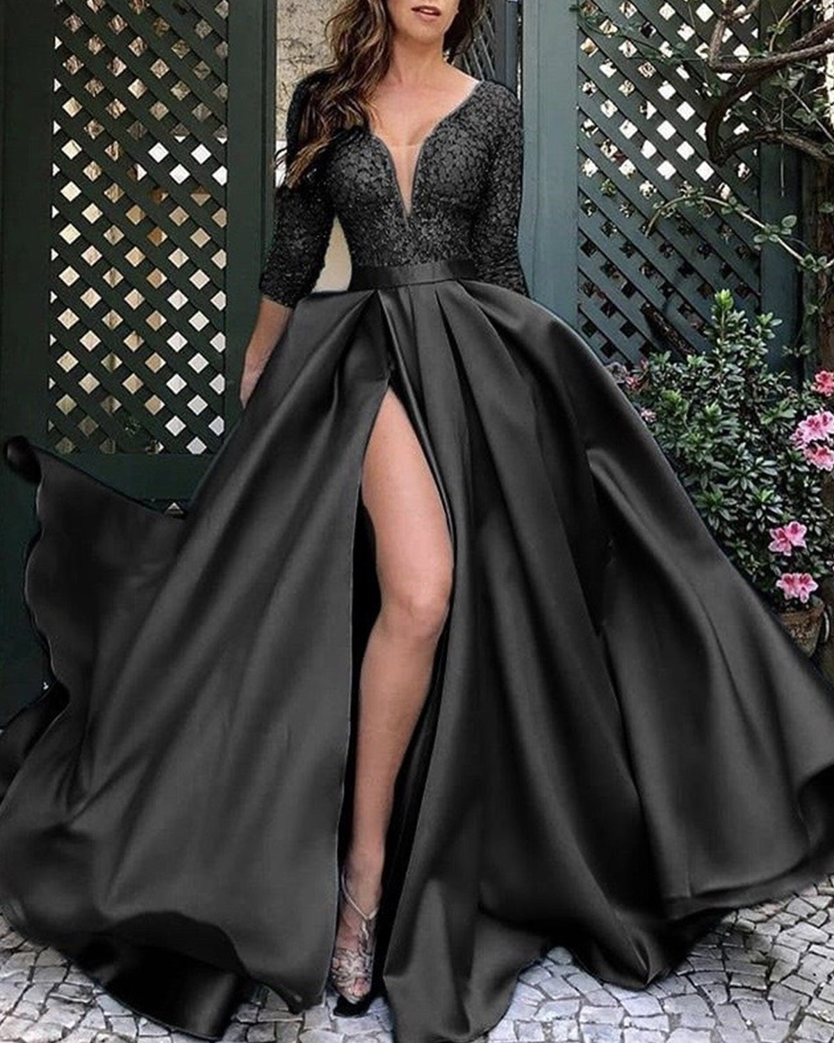 Sexy Solid Color V-neck Slit Dress