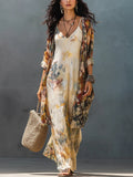 Artistic Floral Print Cami Dress & Longline Kimono Set