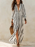 Bohemian Resort Black & White Stripe Button-Front Maxi Shirt Dress
