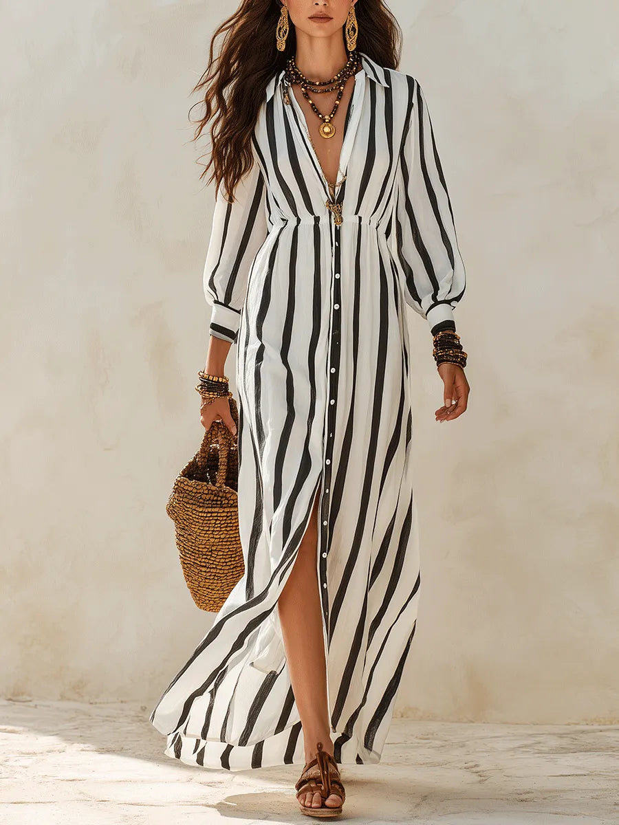Bohemian Resort Black & White Stripe Button-Front Maxi Shirt Dress