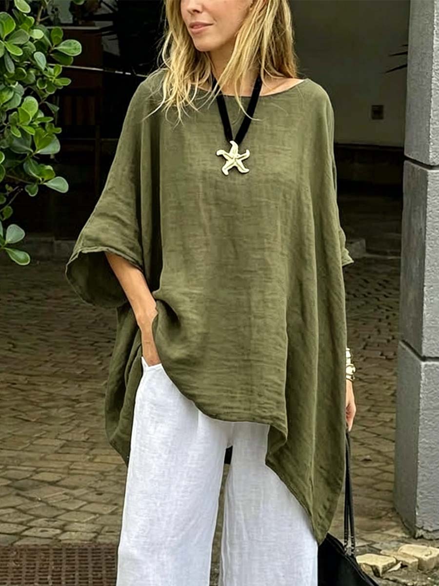 Women's Solid Color Art Casual 3/4 Sleeve Cotton Linen Shirt