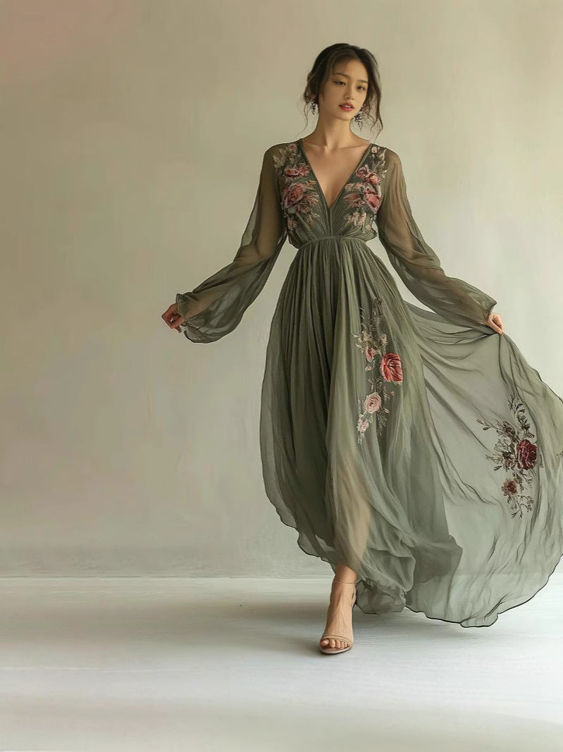 Vintage 3D Floral Print Maxi Dress - Elegant V-Neck Long Sleeve Boho Garden Party Gown