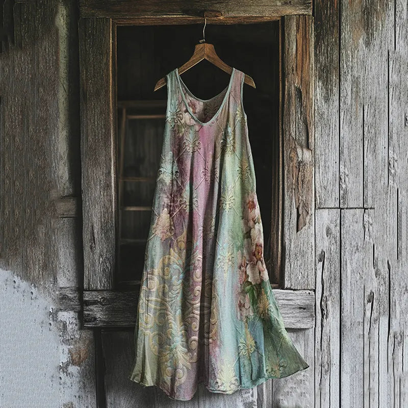 Vintage Flower Art Linen Blend Tank Midi Dress