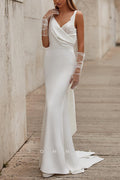 P3212 - Elegant Straps V-Neck Sleeveless Mermaid Pleated Long Beach Wedding Dress