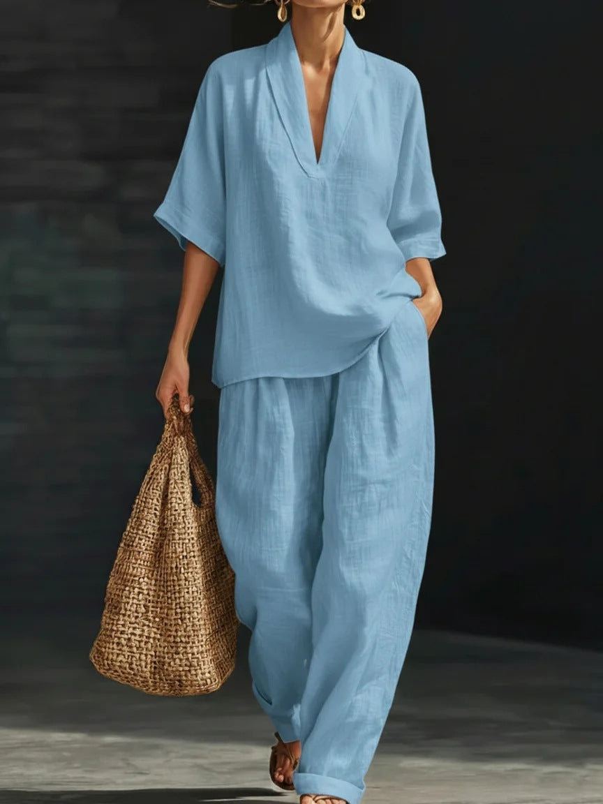 Gurtons Coastal Chic 2-Piece Set - V-Neck Linen-Textured Tunic & Wide-Leg Pants Lounge Set