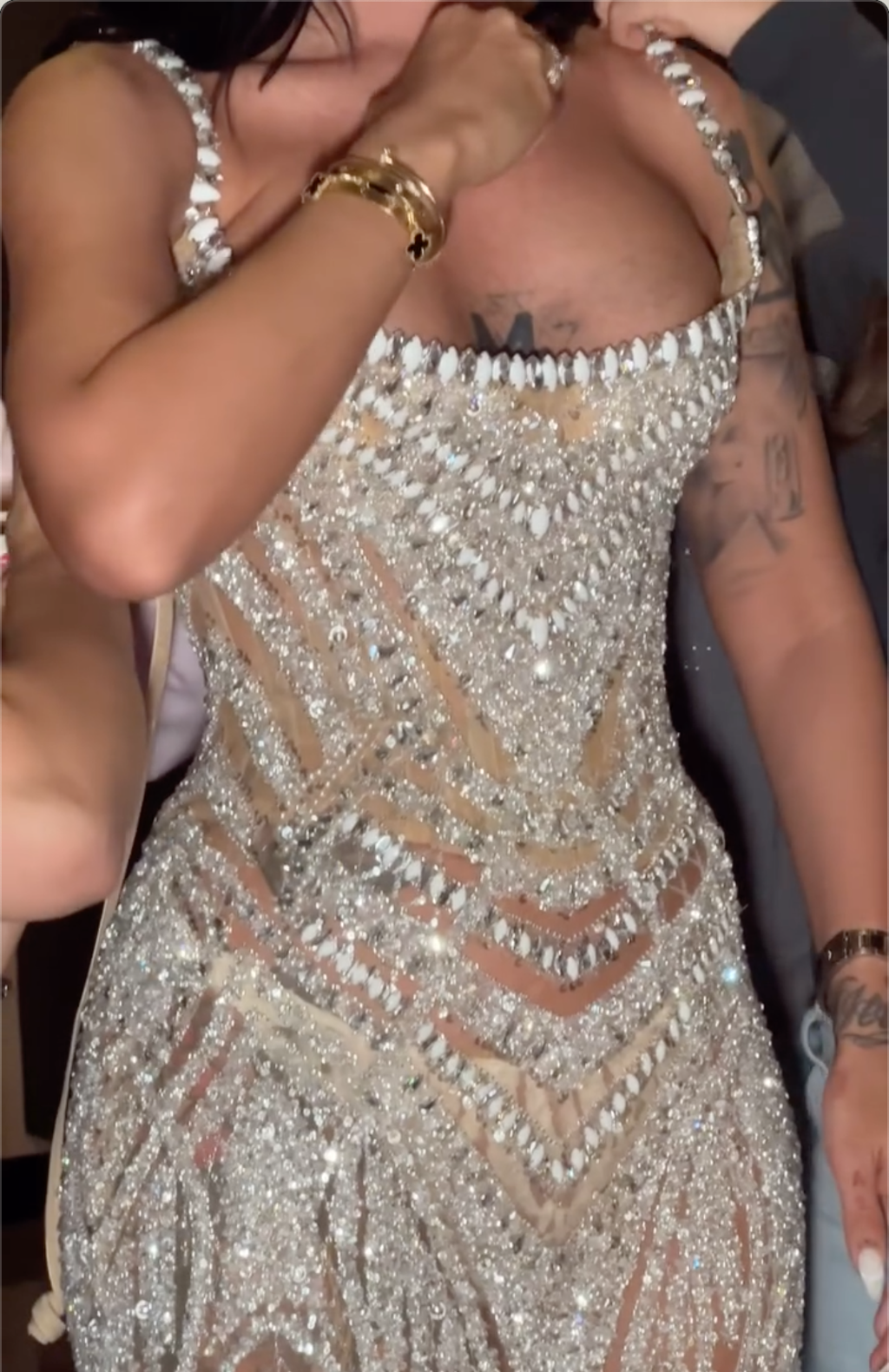 Nude Illusion Beaded Mermaid Maxi Dress with Crystal Chevron Detailing
