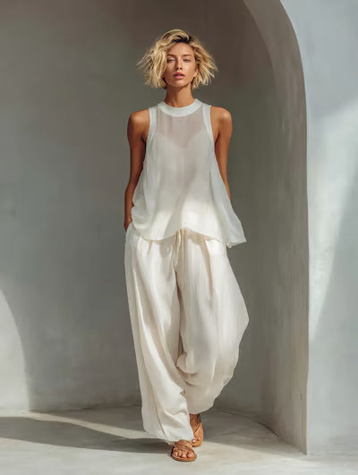 Sheer Tank Top & Wide-Leg Pants Set