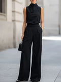 Sleeveless High-Neck Pinstripe Wide-Leg Two-Piece Set