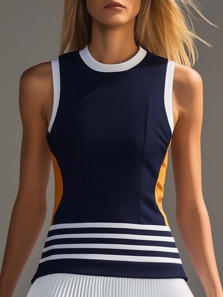 [24-hour shipping out]Fashionable and Energetic Vest-style Navy Blue and White Contrast Mini Dress