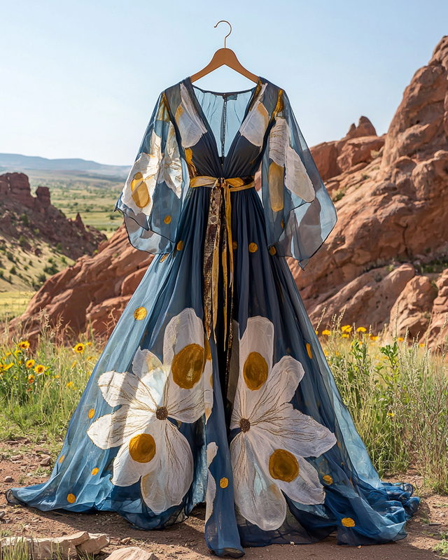 Summer vacation bohemian hand embroidered chiffon dress 2062