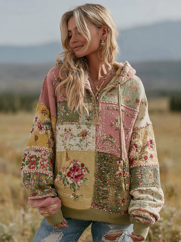 Women's Vintage Floral Patchwork Zipper Casual Hooded