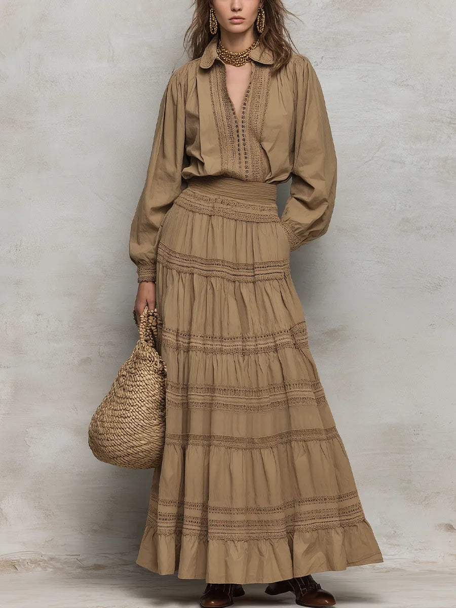 Graceful Khaki Lace Trim Skirt Set