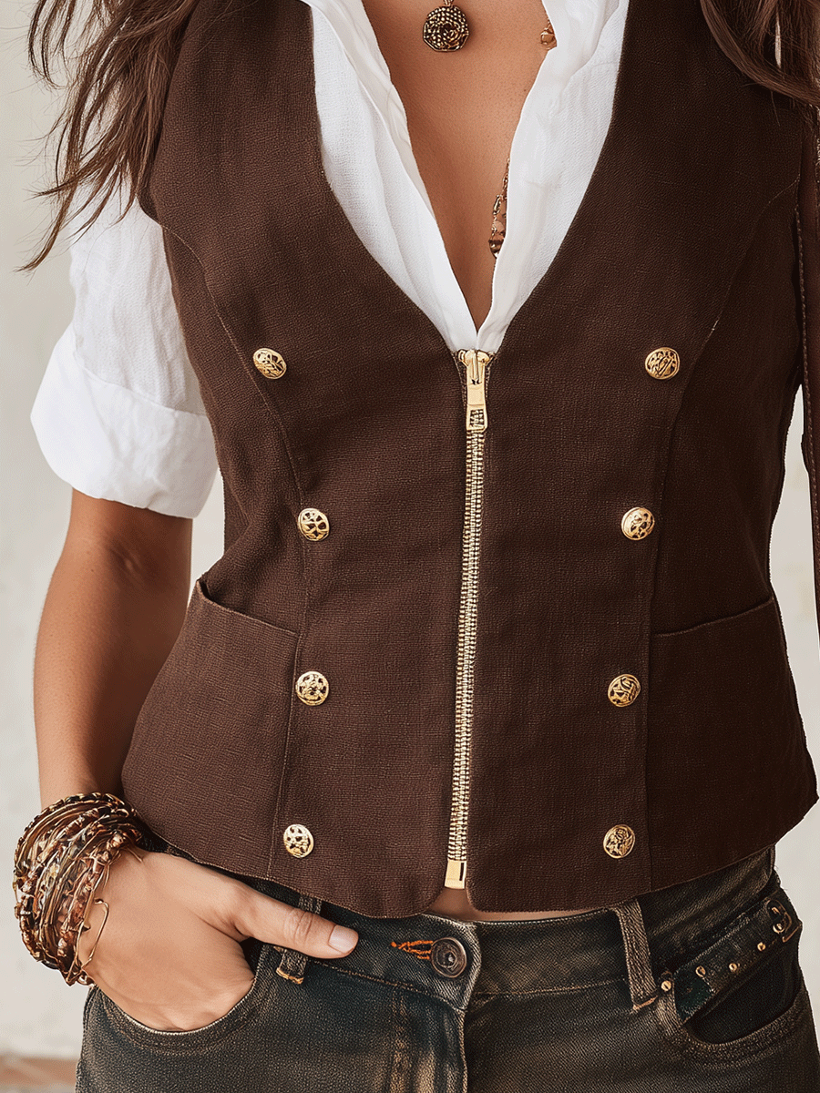 Western Boho Cotton-Linen Slim-Fit V-Neck Brown Waistcoat