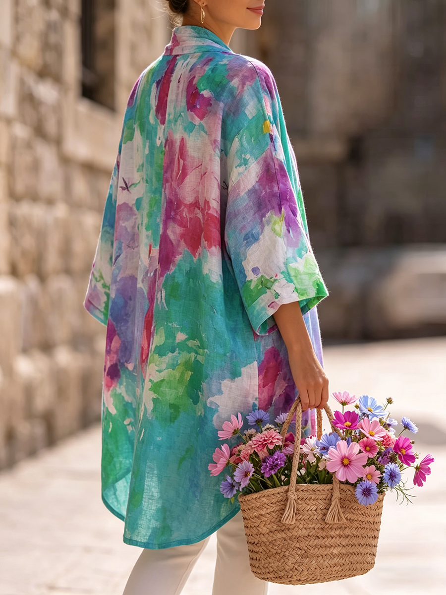 Artistic Watercolor Print Cotton-linen Cardigan & Vest Two-piece Set