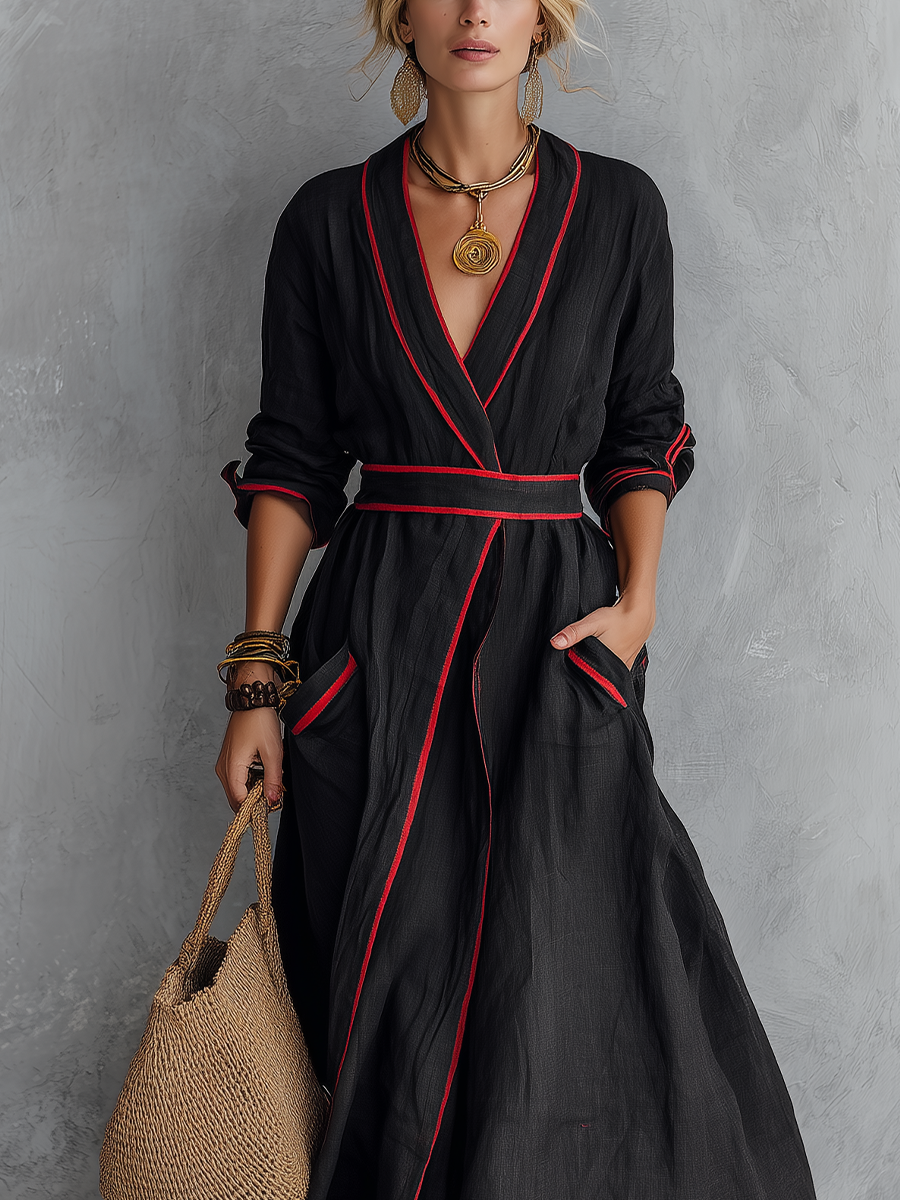 Boho Luxe Contrast Trim Wrap Maxi Dress
